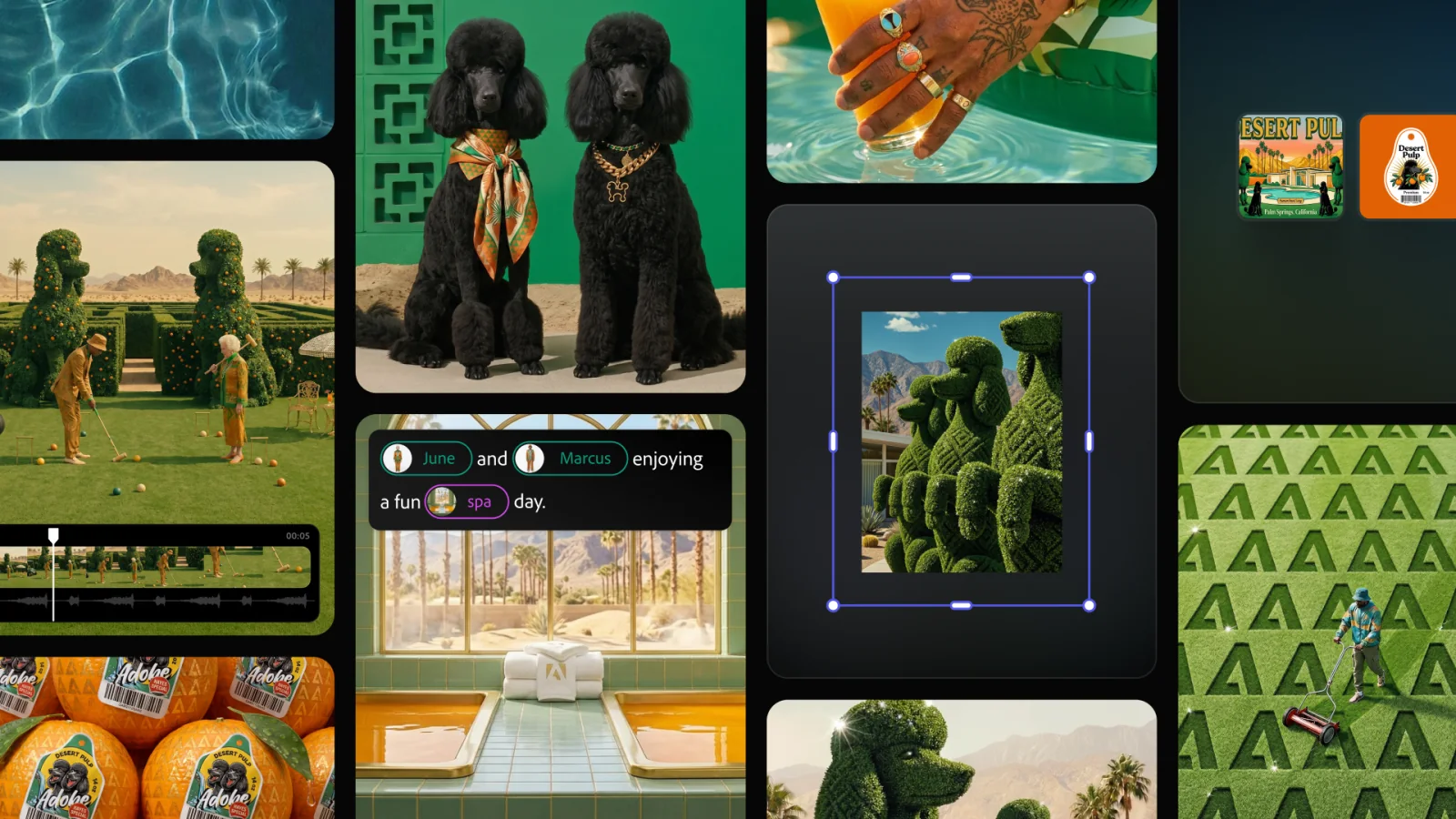 Adobe creative agent collage showing generated imagery and creative application interfaces