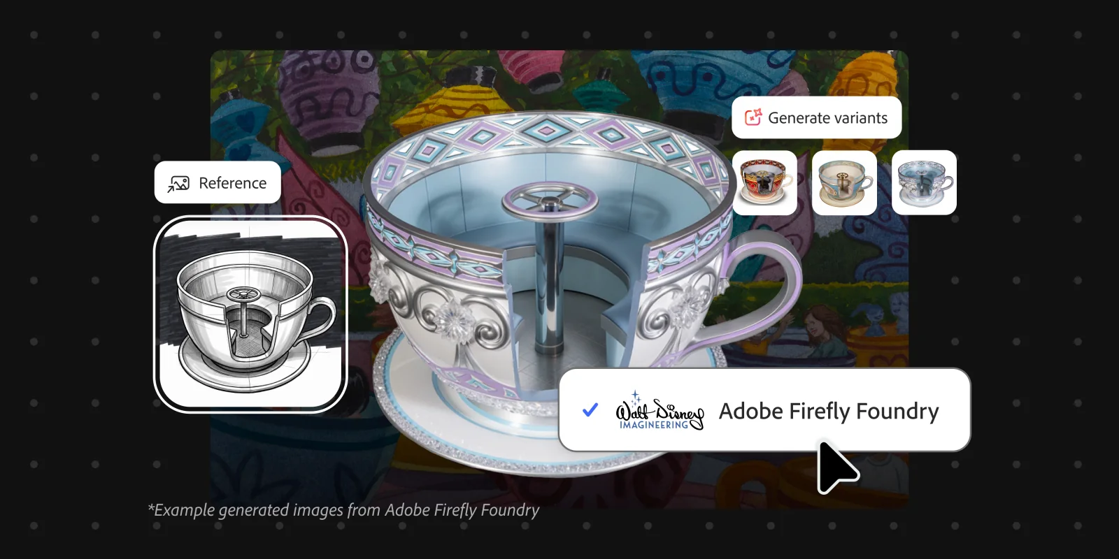 Disney Imagineering design references and a concept teacup connected through Adobe Firefly Foundry