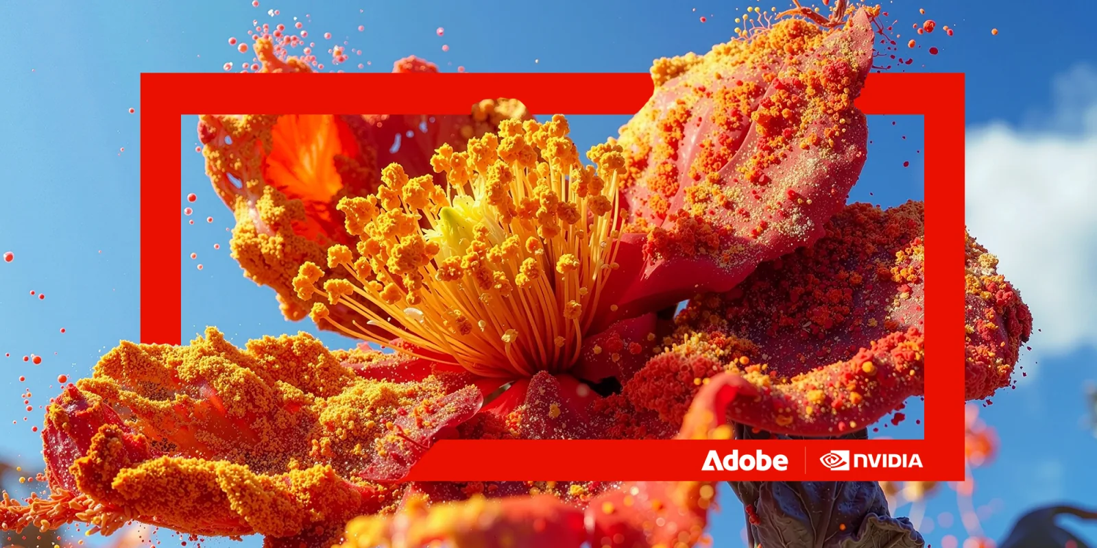 Orange flower rendered in detail beside Adobe and NVIDIA branding