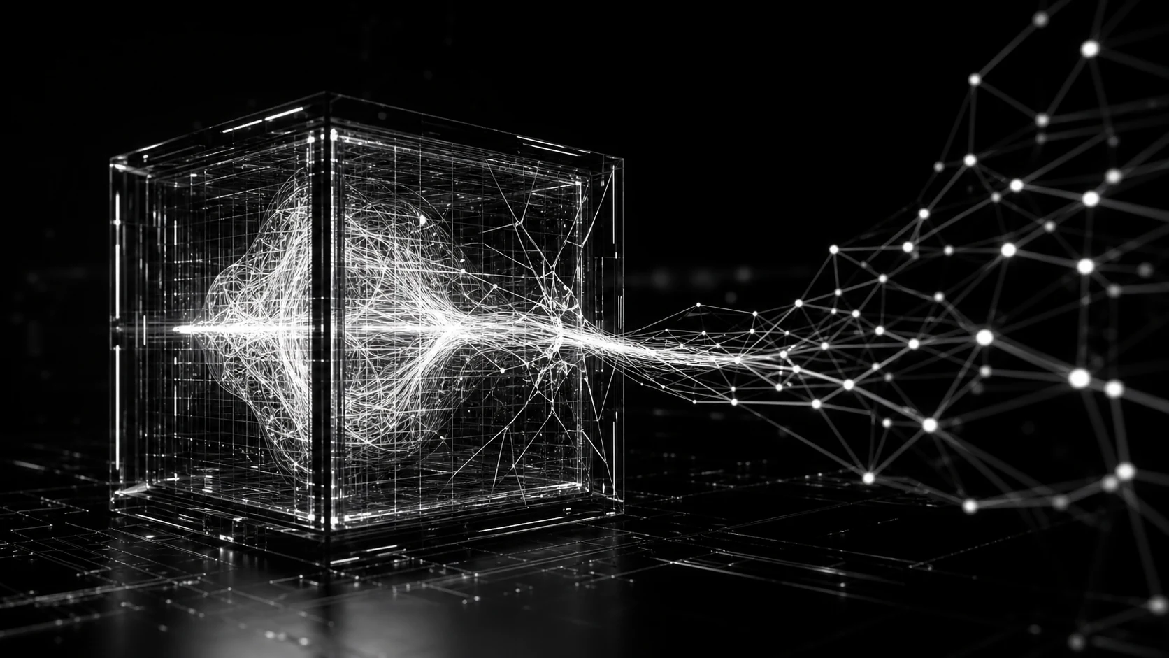 Abstract white AI energy escaping a transparent digital containment cube