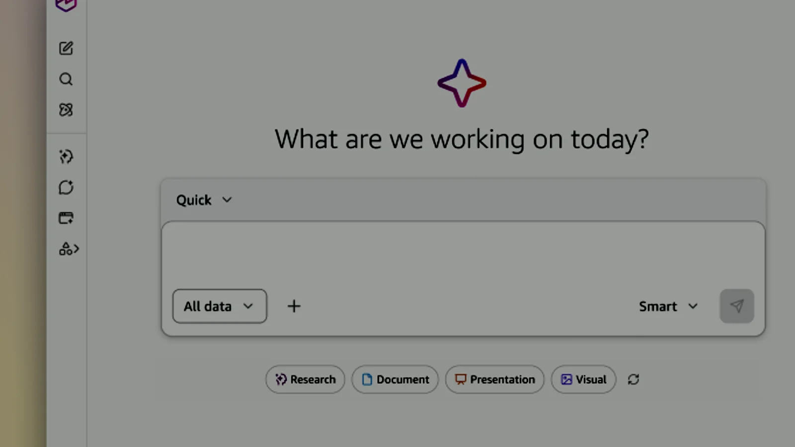 Amazon Quick interface with an AI prompt and workspace controls