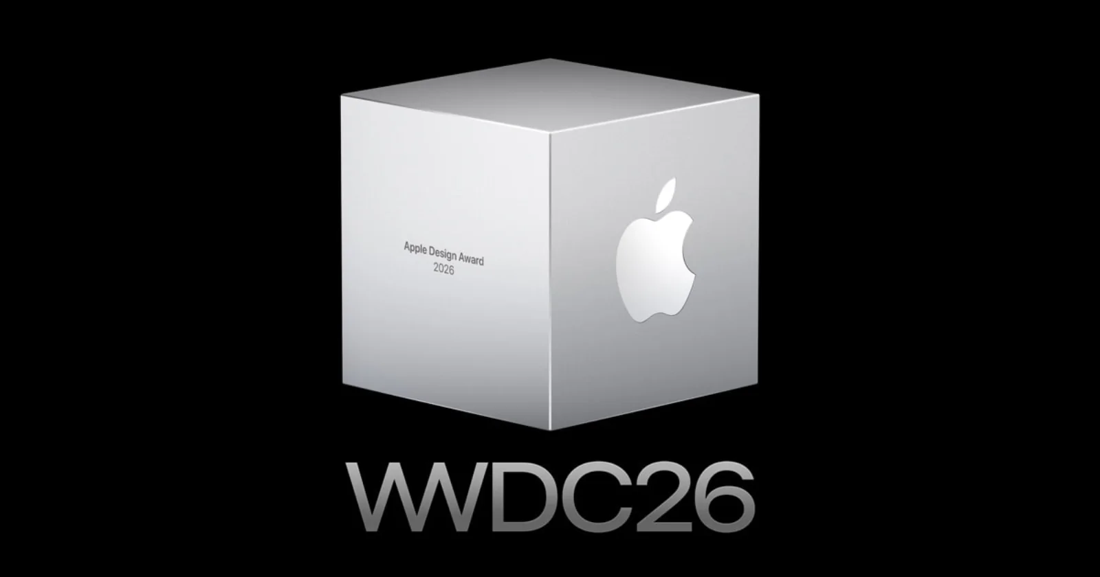 White Apple Design Awards cube on a black background with WWDC26 lettering