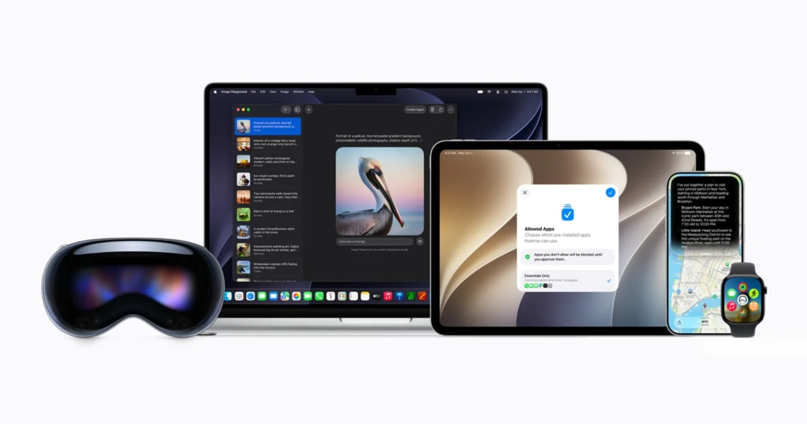 Apple Vision Pro, MacBook, iPad, iPhone, Apple Watch, and Apple TV shown together