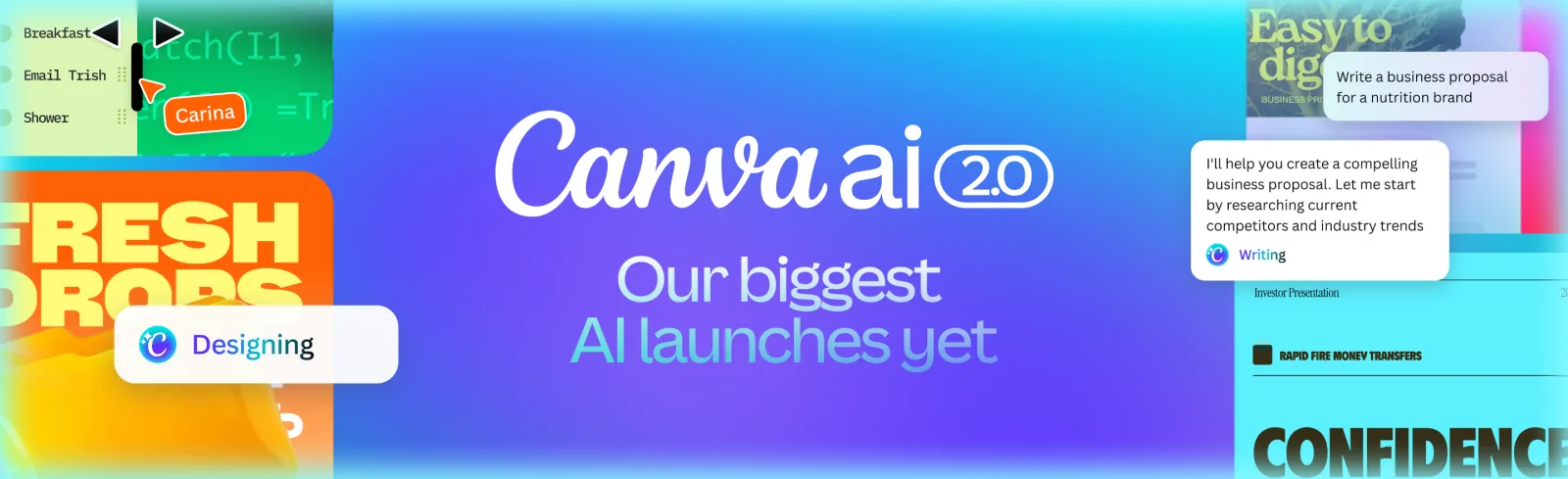 Canva AI 2.0 launch graphic surrounded by examples of layered design work