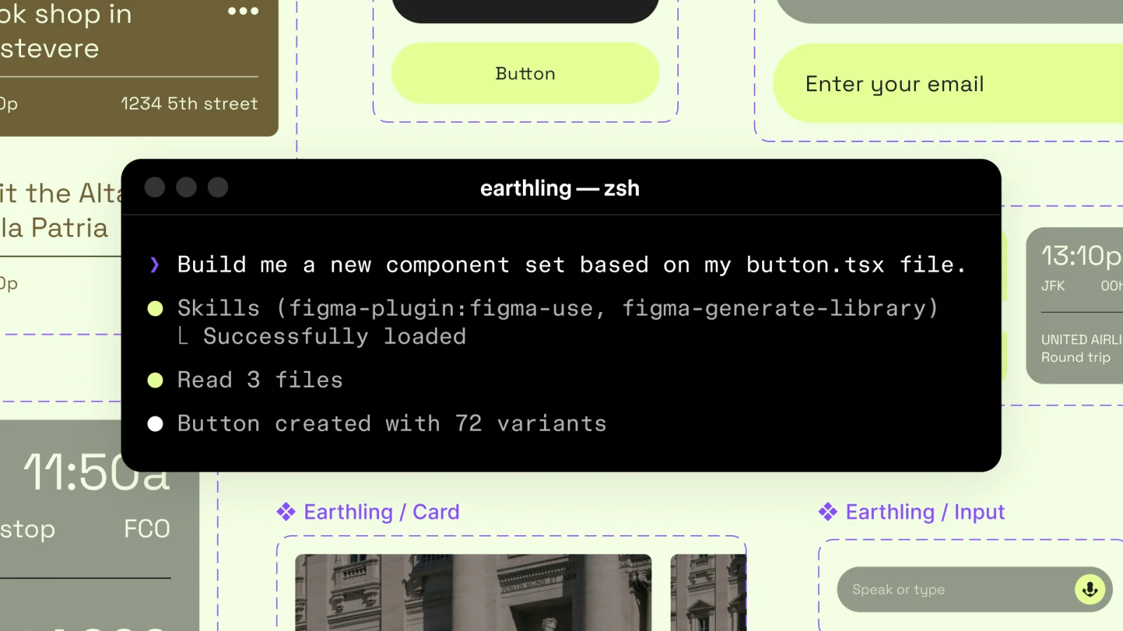 Terminal instructions over a Figma design-system canvas with generated component variants