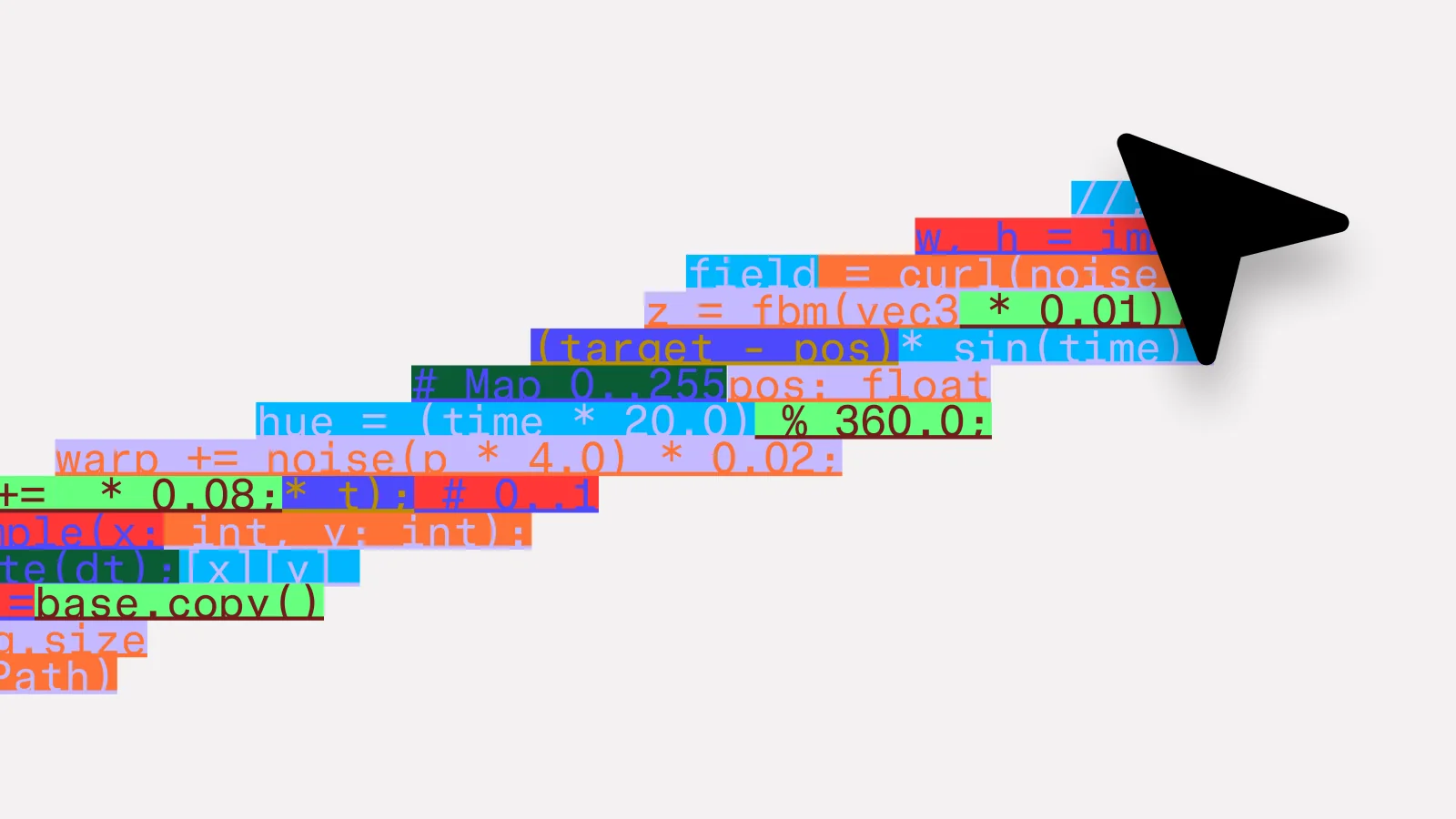 Colorful code snippets arranged as steps beneath a large cursor