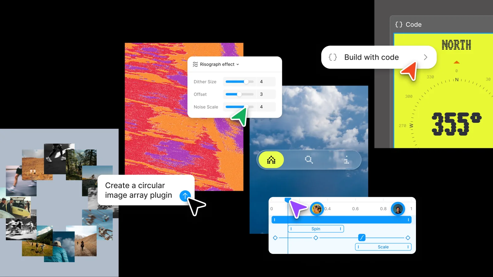 Figma Config 2026 collage showing code, shader, motion, and generative design tools
