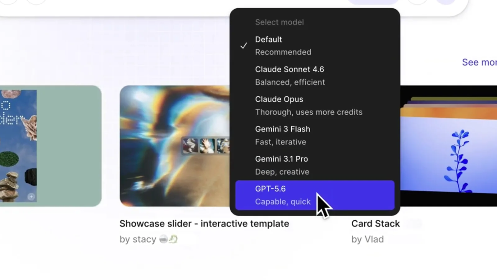 Figma Make interface showing GPT-5.6 in the model selection menu