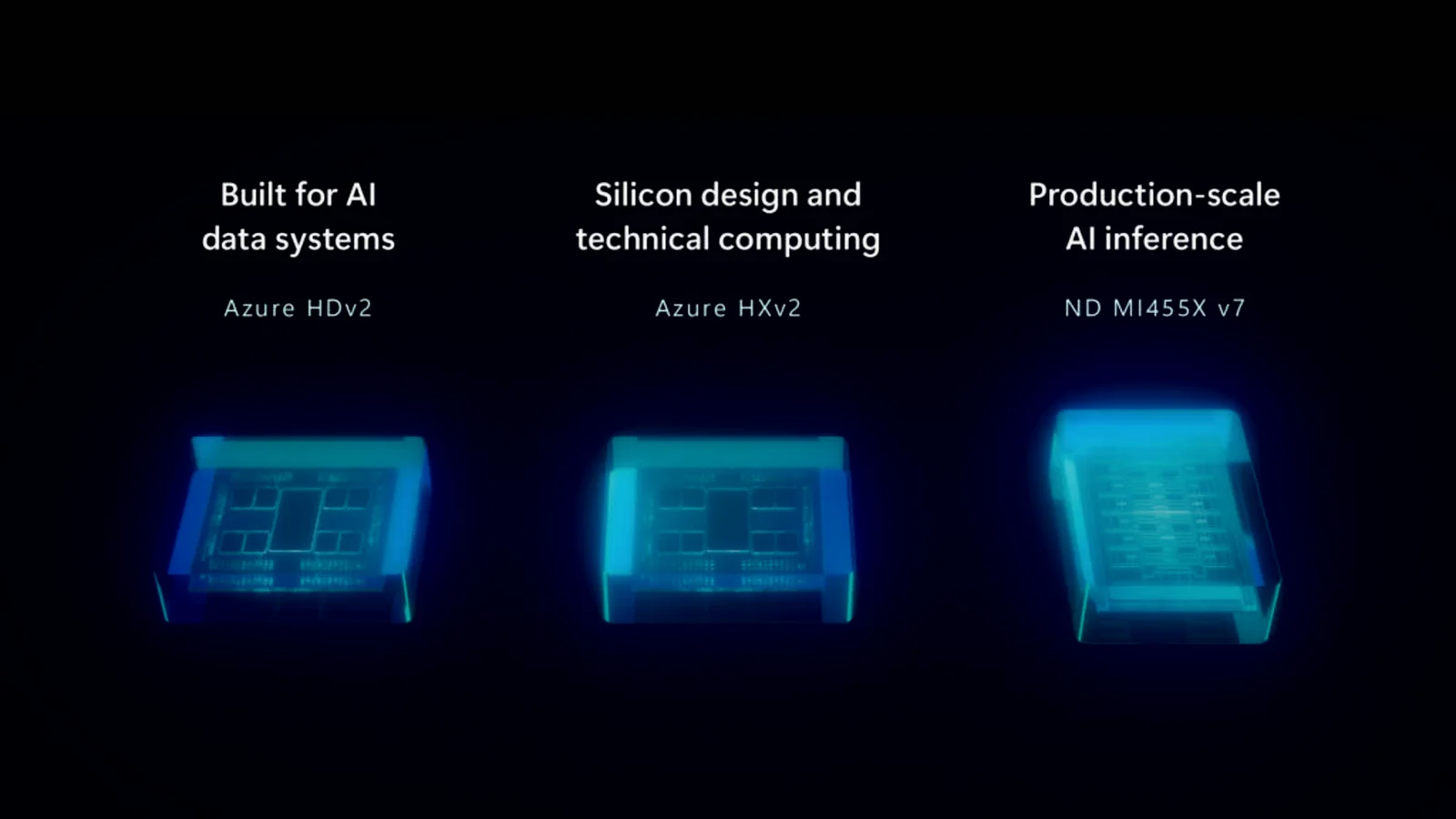 Three glowing processor systems on a dark blue background