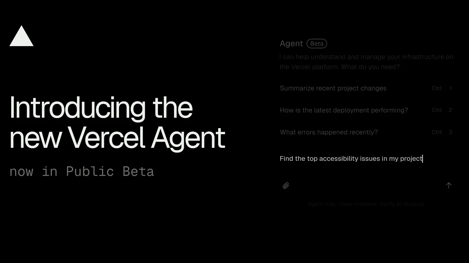Dark Vercel Agent interface with white product typography