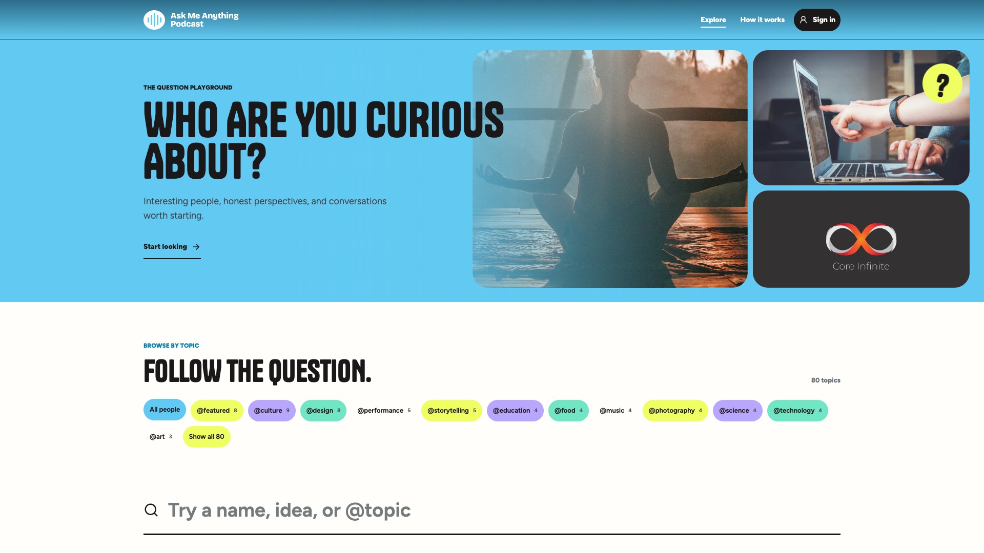 The directory brings topics, search, and creator cards together.