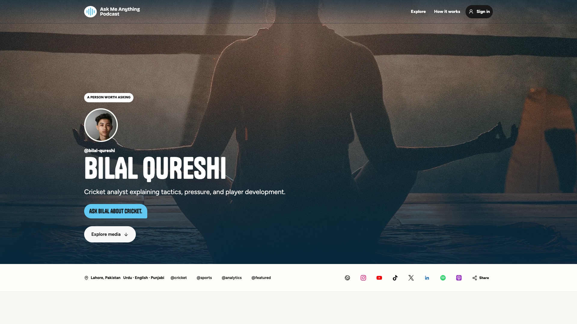 A profile shows the creator's interests, background, and media.