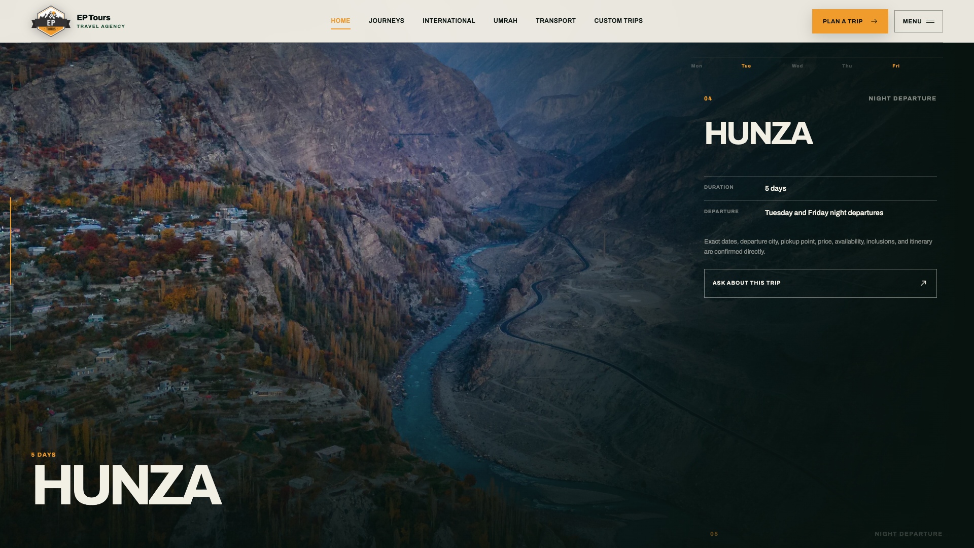 The Hunza section combines scenery with trip information.