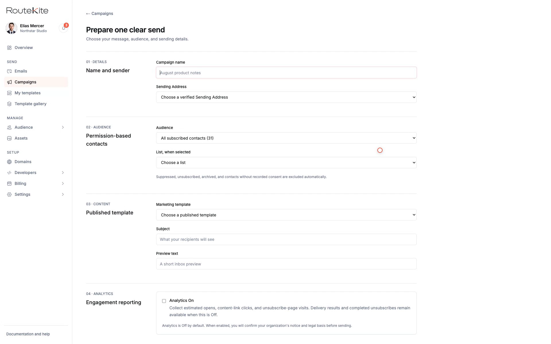 The campaign builder separates content preparation from review and send.