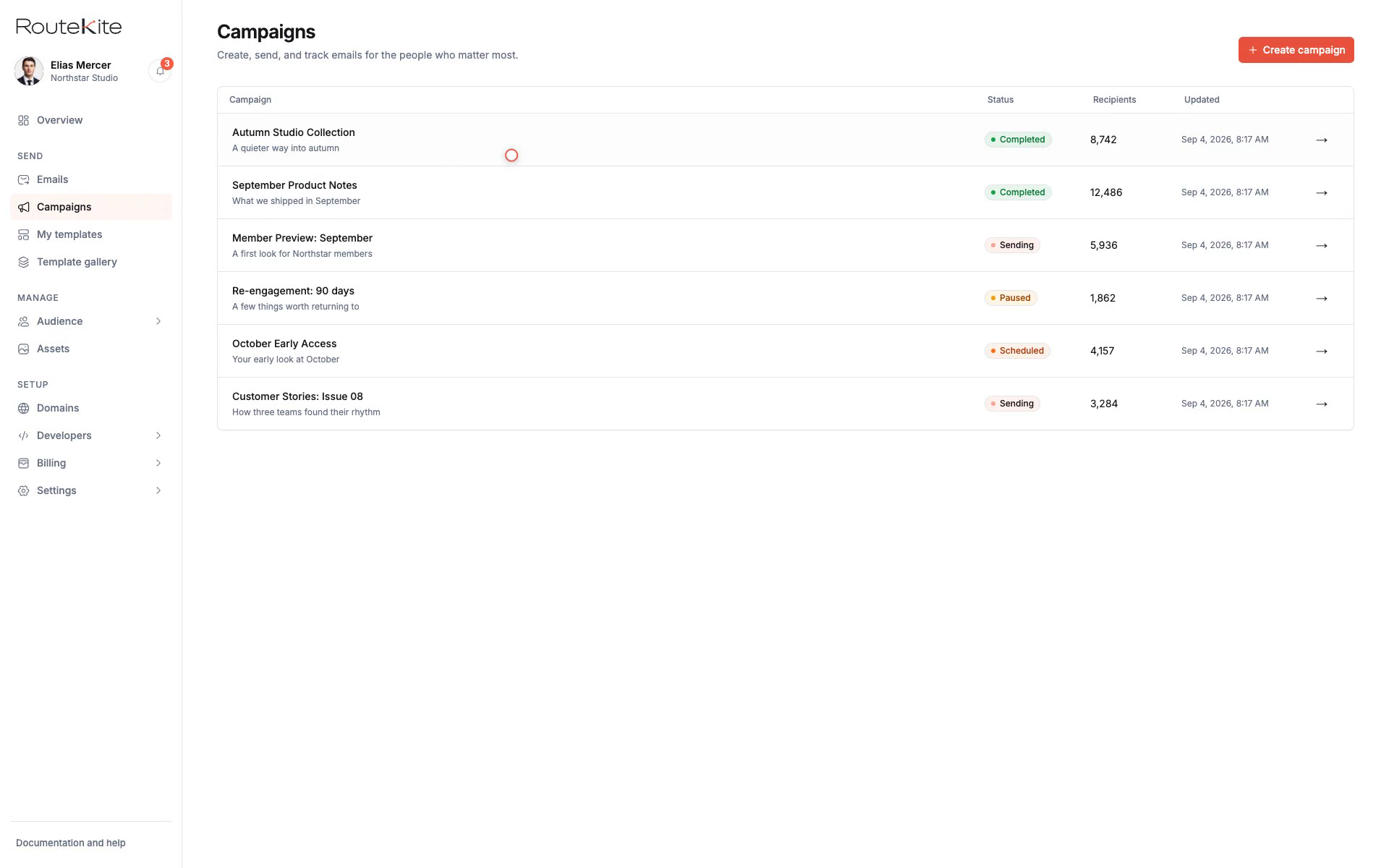 The campaign list keeps drafts and sending activity in one place.
