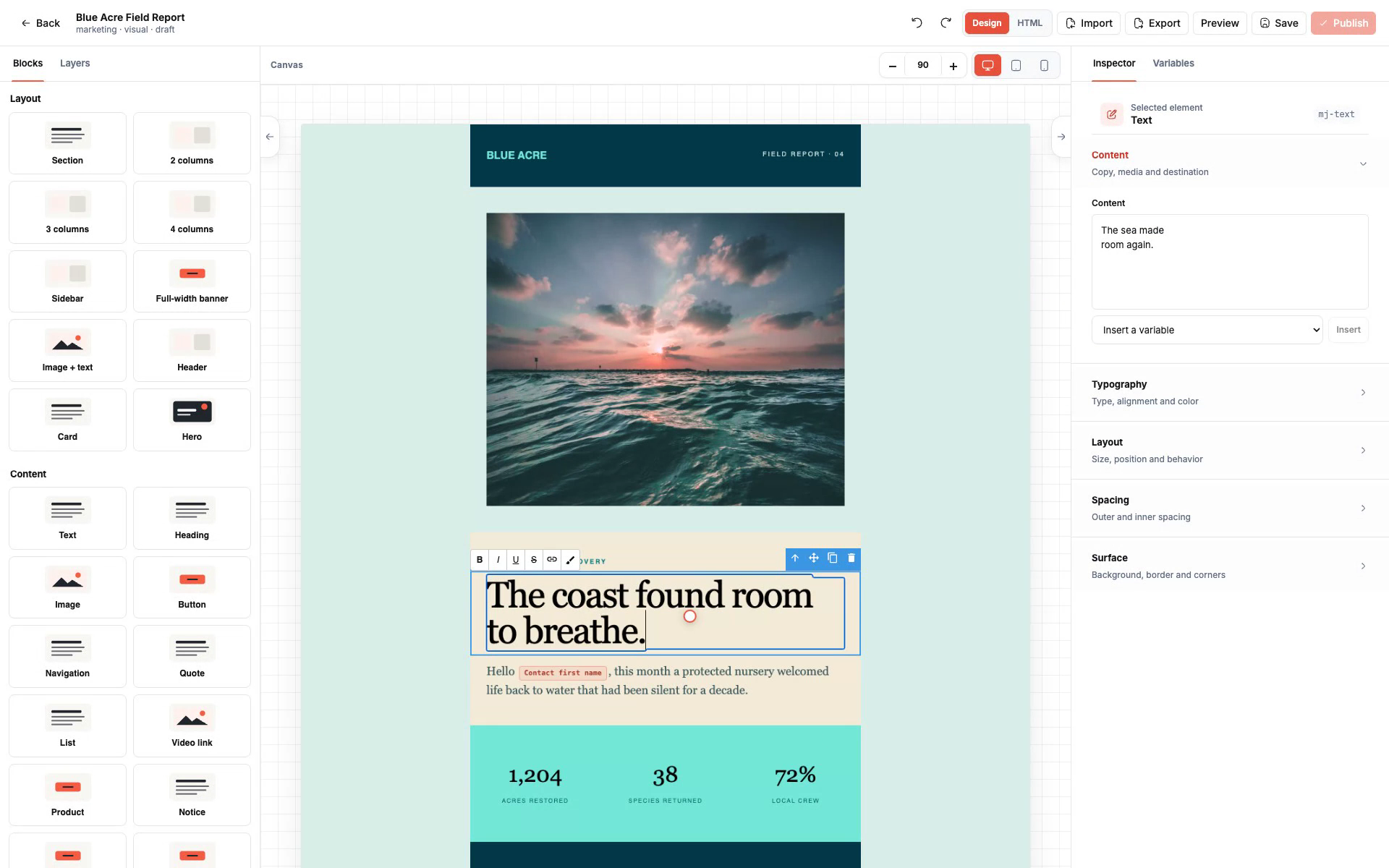 The template editor places controls beside the email preview.