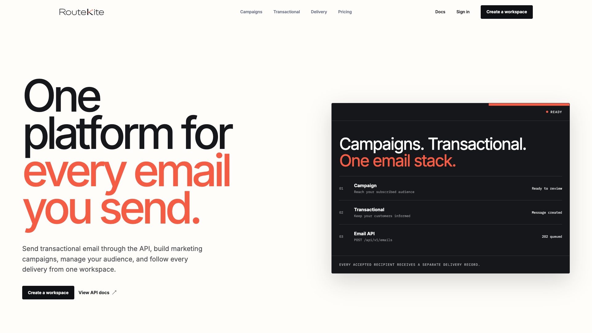 The homepage introduces campaigns and transactional email.