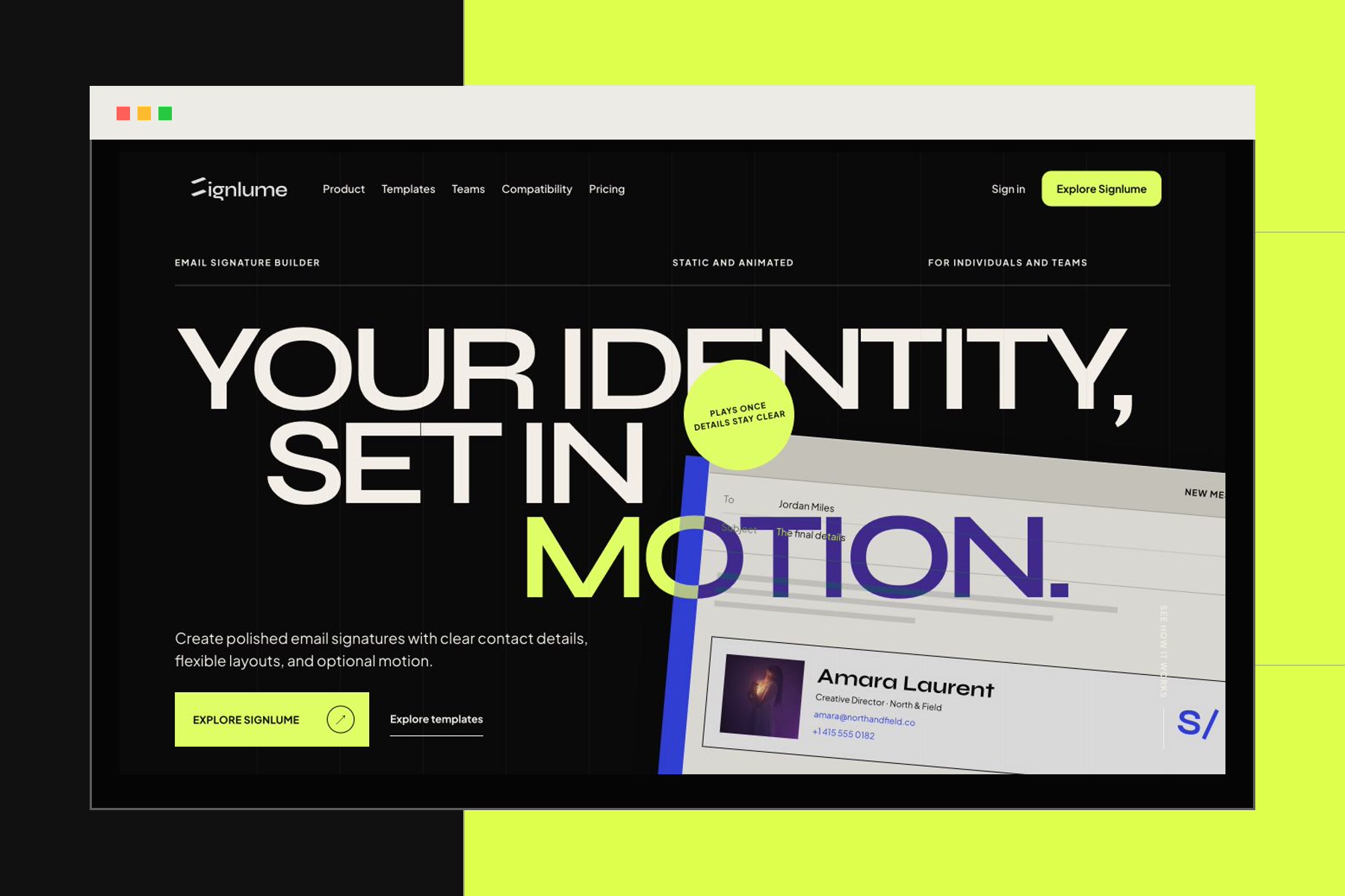 Signlume email signature platform displayed in a browser mockup